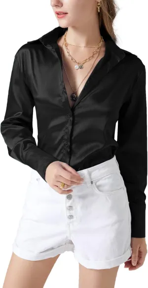 LYANER Women's Satin Silky Collar Buttons Down Long Sleeve Work Blouse Shirt Tops