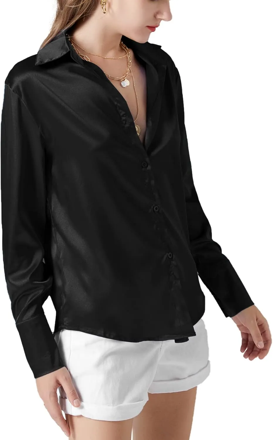 LYANER Women's Satin Silky Collar Buttons Down Long Sleeve Work Blouse Shirt Tops