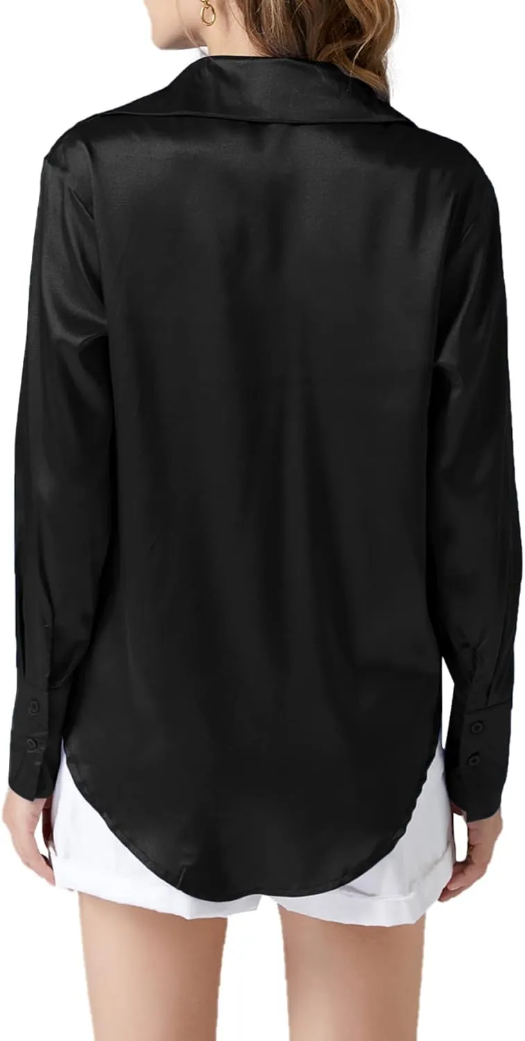 LYANER Women's Satin Silky Collar Buttons Down Long Sleeve Work Blouse Shirt Tops