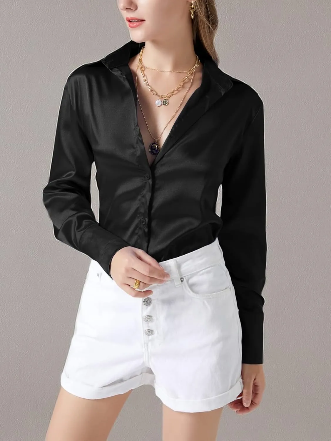 LYANER Women's Satin Silky Collar Buttons Down Long Sleeve Work Blouse Shirt Tops