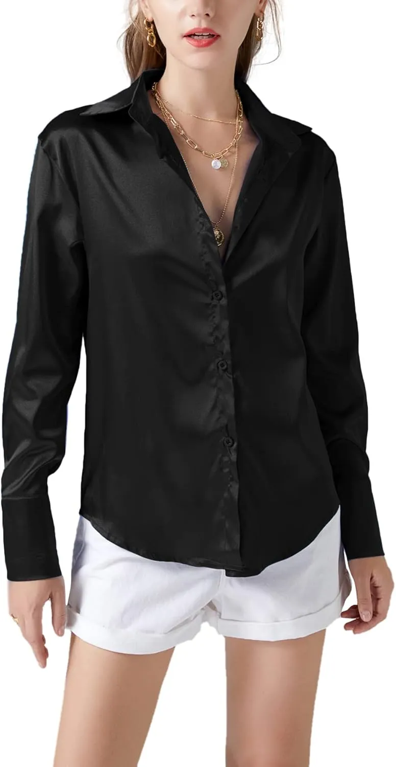 LYANER Women's Satin Silky Collar Buttons Down Long Sleeve Work Blouse Shirt Tops