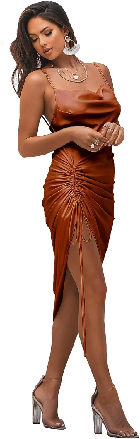LYANER Women's Satin Spaghetti Straps Cowl Neck Sexy Ruch Cocktail Midi Dresses