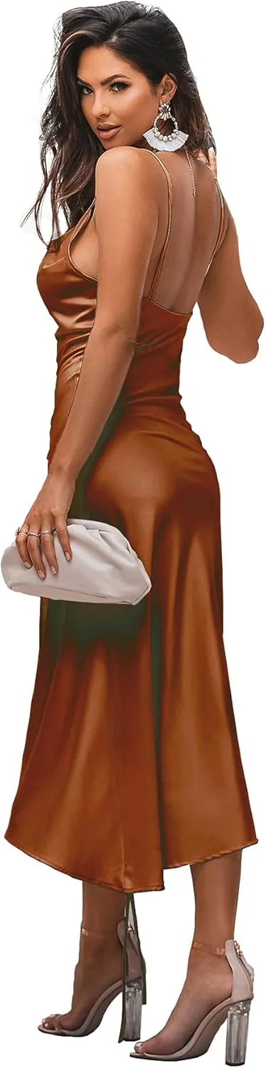 LYANER Women's Satin Spaghetti Straps Cowl Neck Sexy Ruch Cocktail Midi Dresses