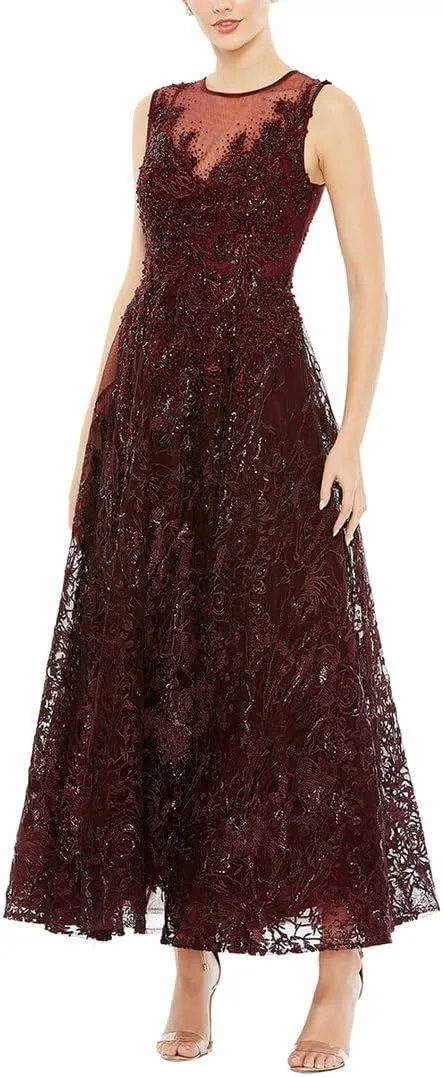 Mac Duggal Womens Embellished Mesh Evening Dress Red 2