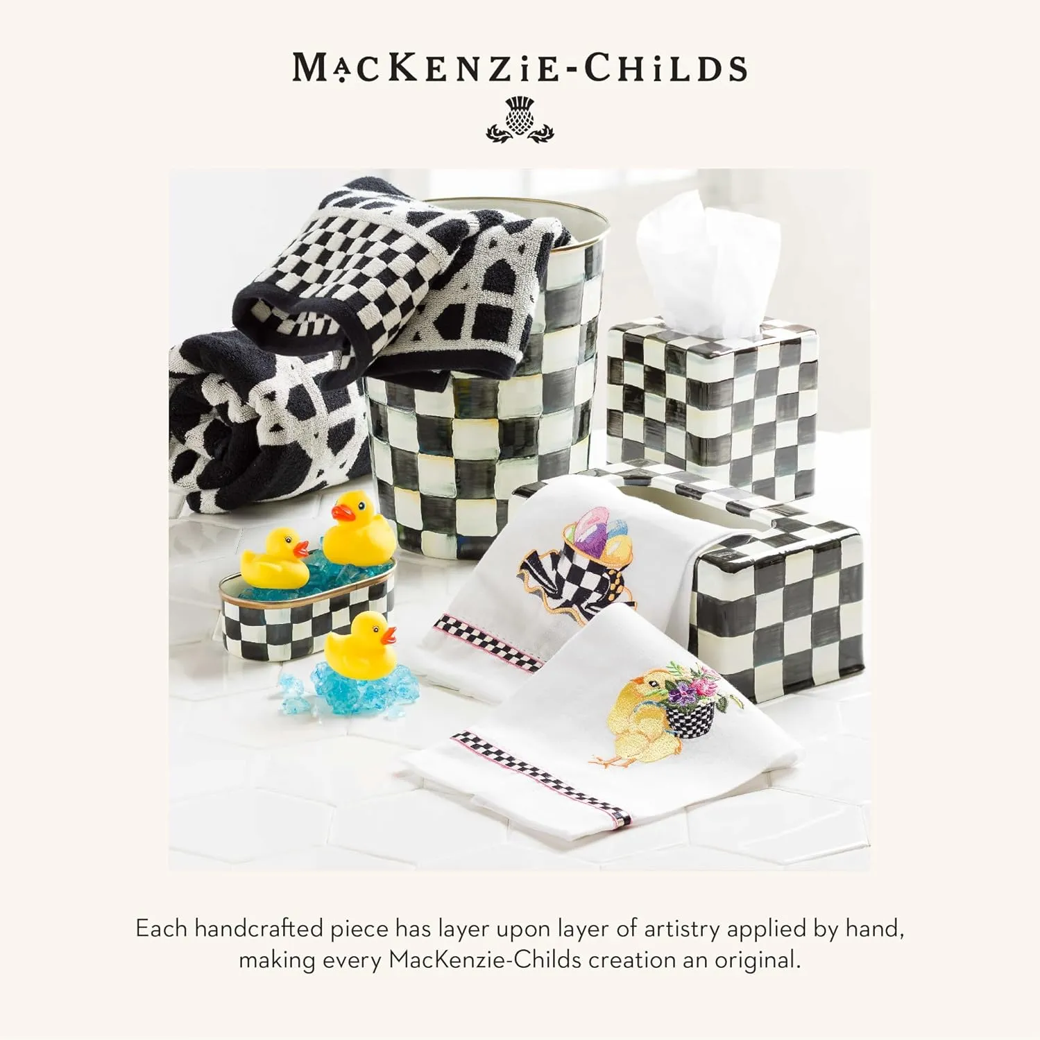 MACKENZIE-CHILDS Waste Bin, Decorative Bedroom Trash Can or Bathroom Trash Can, Black-and-White Courtly Check