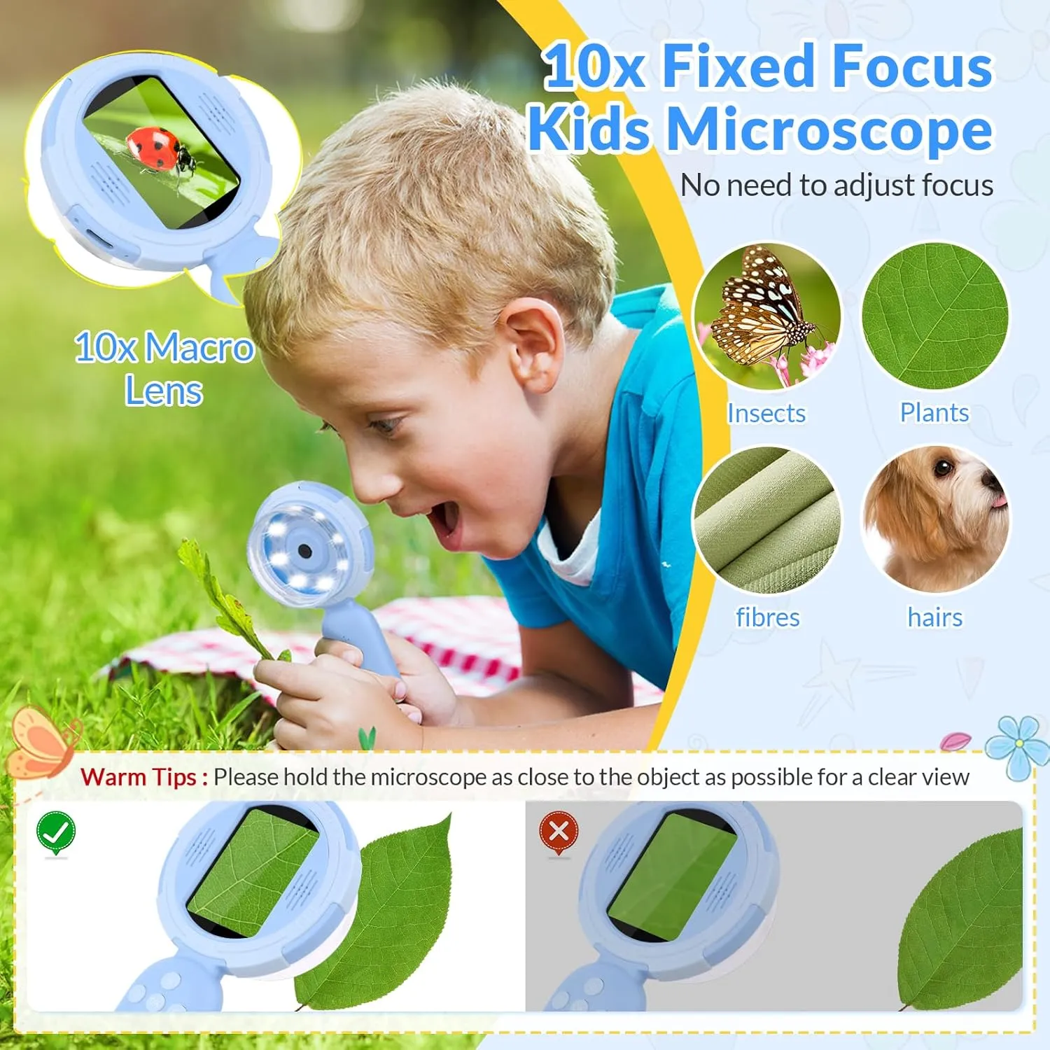 Mafiti Microscope for Kids Mini Pocket Handheld Kids Microscope Educational Science Kit Toys Xmas/Birthday Gifts for Aged 3-12 Girls Boys,Blue