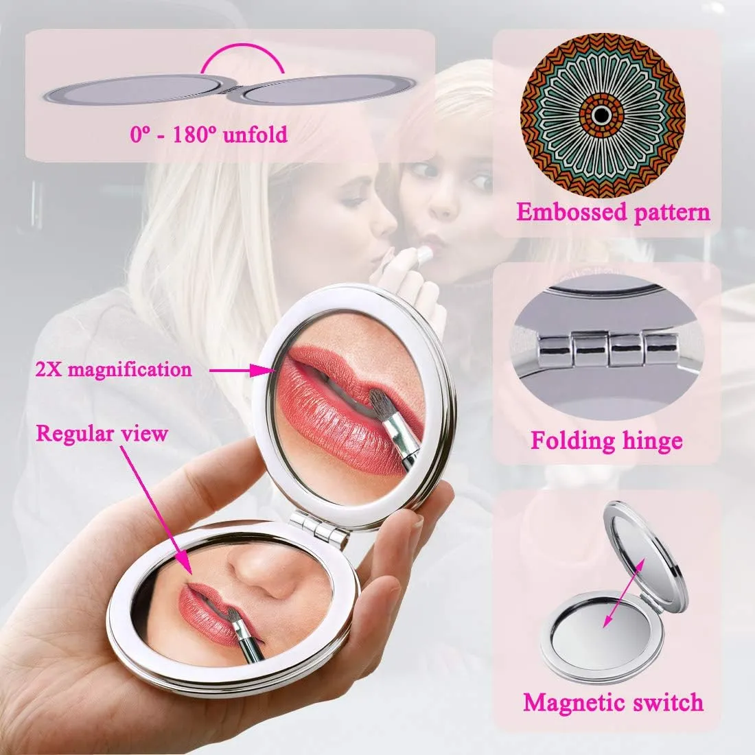 Magnifying Compact Mirror Folding Portable,Round Small Handheld Travel Makeup Purse Mirror Pocket Mirror with 1x/2x Magnification Dual Sided - Gift for Women Girls Lady Men - 6 Pack