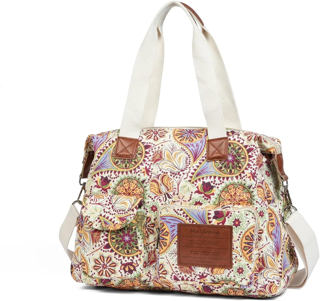 Malirona Women's Floral Canvas Messenger Bag Multi Pockets Shoulder Handbag Large Hobo Crossbody Fashion Top Handle Satchel