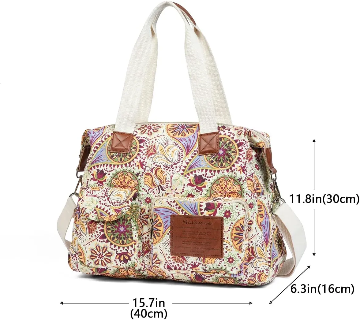 Malirona Women's Floral Canvas Messenger Bag Multi Pockets Shoulder Handbag Large Hobo Crossbody Fashion Top Handle Satchel