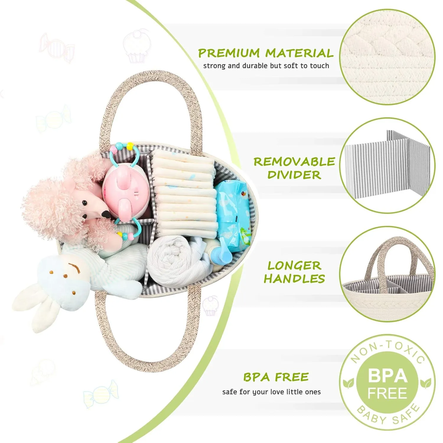 Maliton Baby Diaper Caddy Organizer, X-Large Cotton Rope, Rustic Style, Portable, 3 Compartments, A-Brown