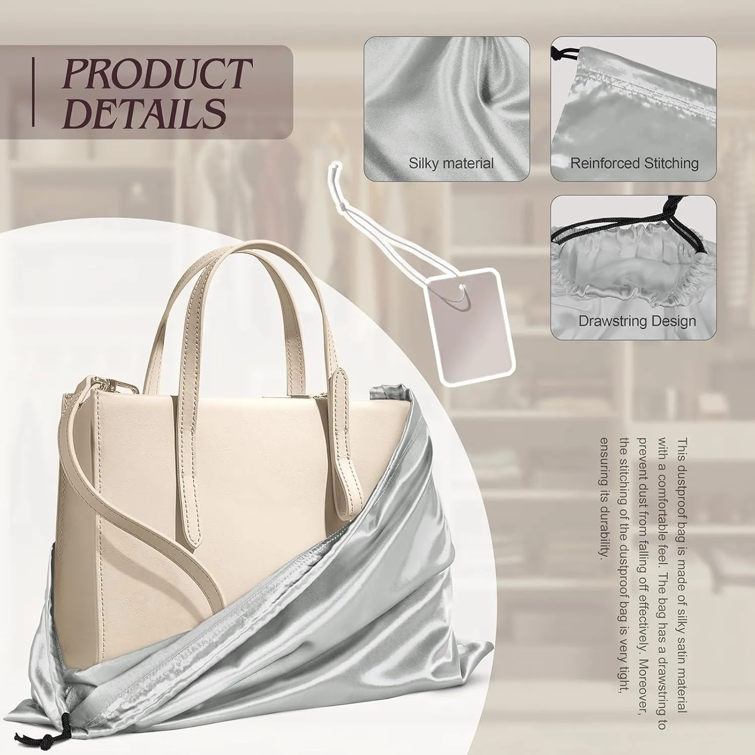 Manyshofu 7 Pack Satin Dust Bags for Handbags & Shoes - Grey Drawstring Bags, Silk Dust Cover, Protector Travel Storage Pouch (23.6 x 19.6)