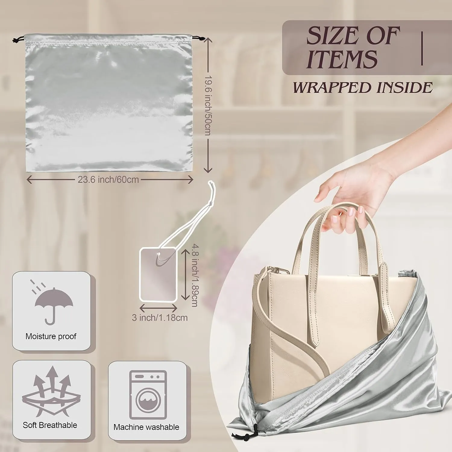 Manyshofu 7 Pack Satin Dust Bags for Handbags & Shoes - Grey Drawstring Bags, Silk Dust Cover, Protector Travel Storage Pouch (23.6 x 19.6)