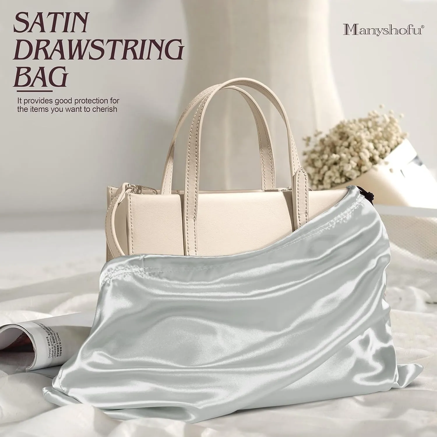 Manyshofu 7 Pack Satin Dust Bags for Handbags & Shoes - Grey Drawstring Bags, Silk Dust Cover, Protector Travel Storage Pouch (23.6 x 19.6)