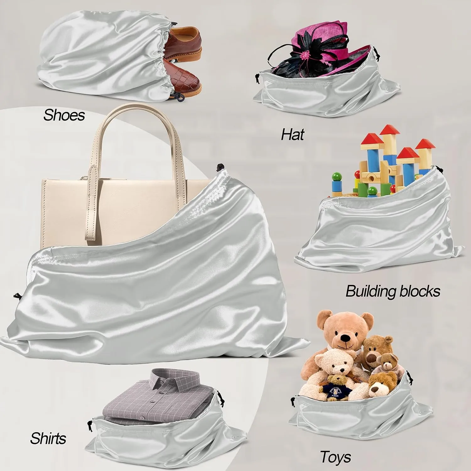 Manyshofu 7 Pack Satin Dust Bags for Handbags & Shoes - Grey Drawstring Bags, Silk Dust Cover, Protector Travel Storage Pouch (23.6 x 19.6)