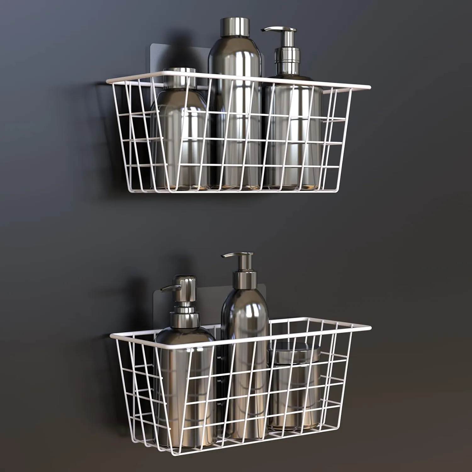 MaraFansie Wall Wire Baskets Bin No Drilling Adhesive Hanging Baskets Wall Mounted for Cabinet & Pantry Organization and Kitchen, Bathroom, Bedroom Storage, 2 Pack, White