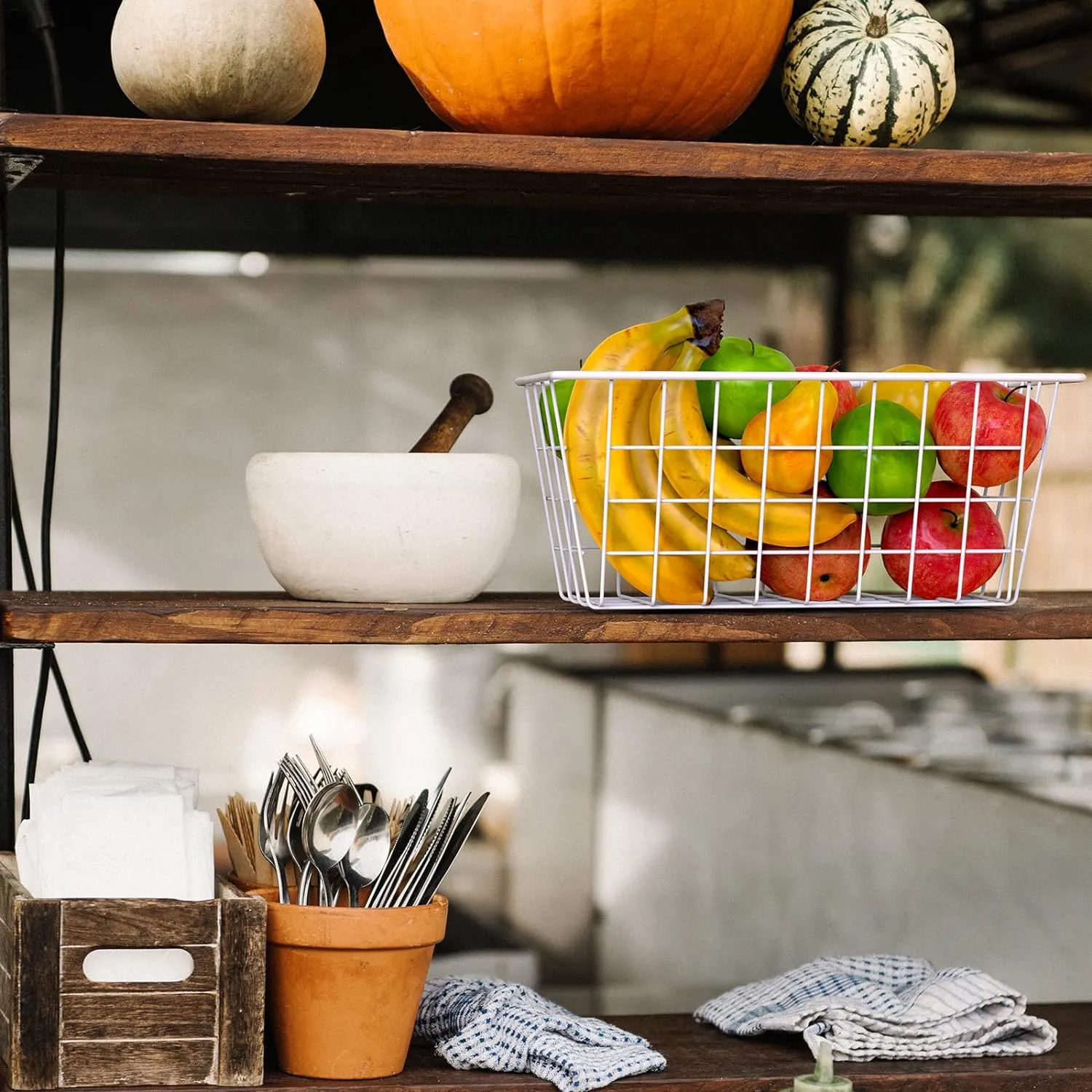 MaraFansie Wall Wire Baskets Bin No Drilling Adhesive Hanging Baskets Wall Mounted for Cabinet & Pantry Organization and Kitchen, Bathroom, Bedroom Storage, 2 Pack, White