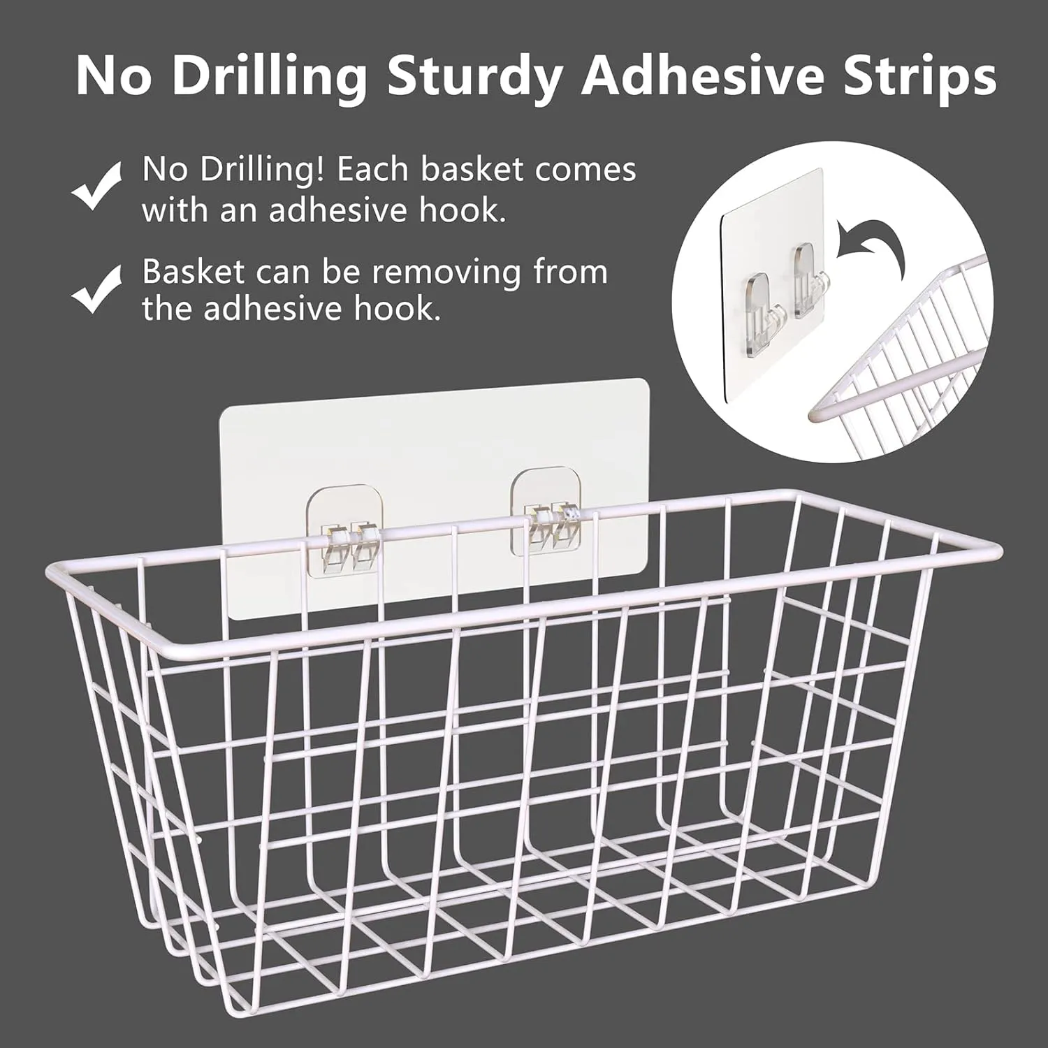 MaraFansie Wall Wire Baskets Bin No Drilling Adhesive Hanging Baskets Wall Mounted for Cabinet & Pantry Organization and Kitchen, Bathroom, Bedroom Storage, 2 Pack, White