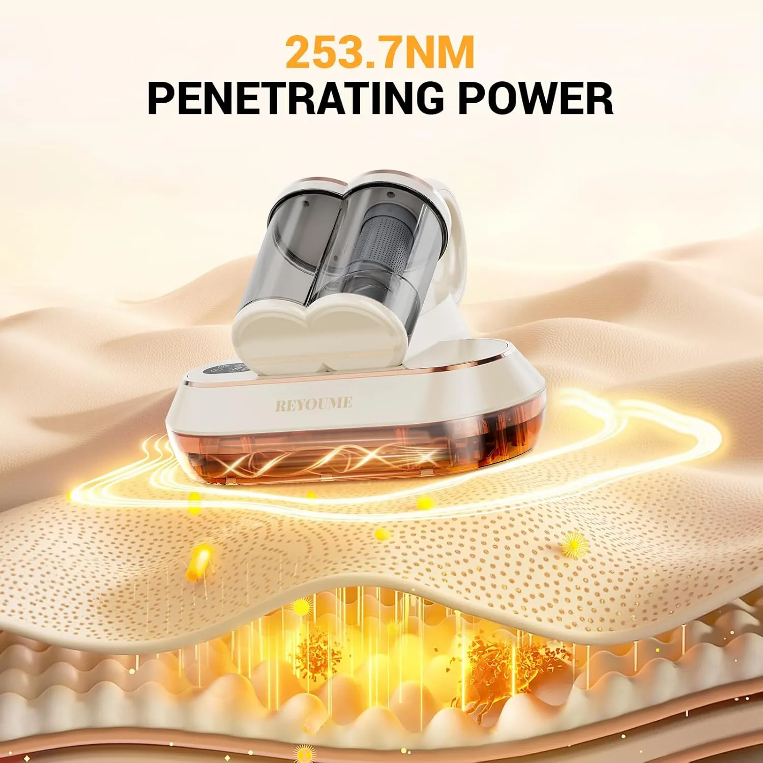 Mattress Vacuum Cleaner, Handheld Bed Vacuum with Dual-Cup Design, 149℉ Heating, 96000 RPM Electric Roller Brush HEPA Filter, UV-C Light for Dust and Pet Hair