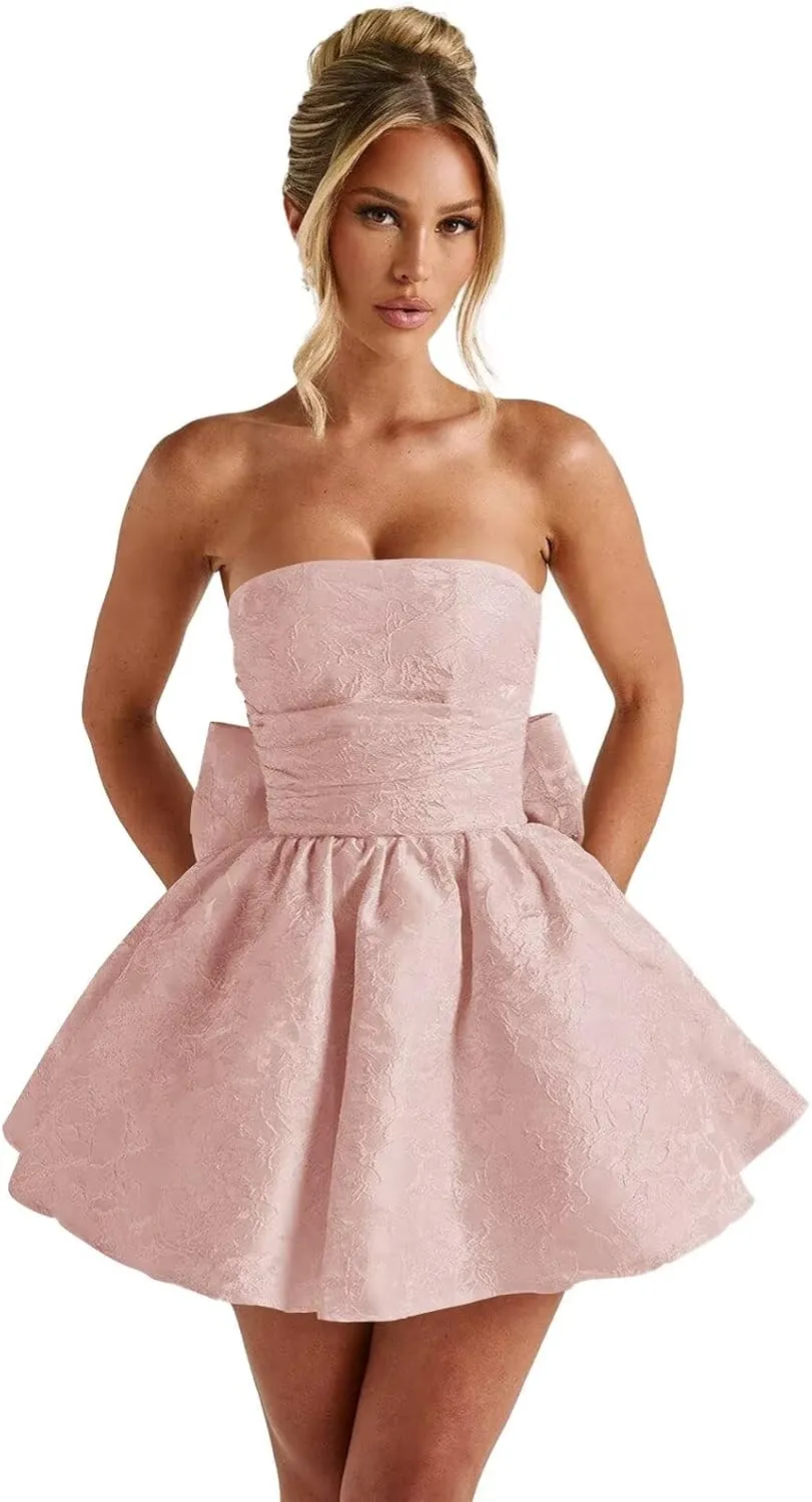 Maxianever 2025 Strapless Homecoming Dresses for Teens Short Satin Jacquard Mini A-Line Prom Cocktail Gowns