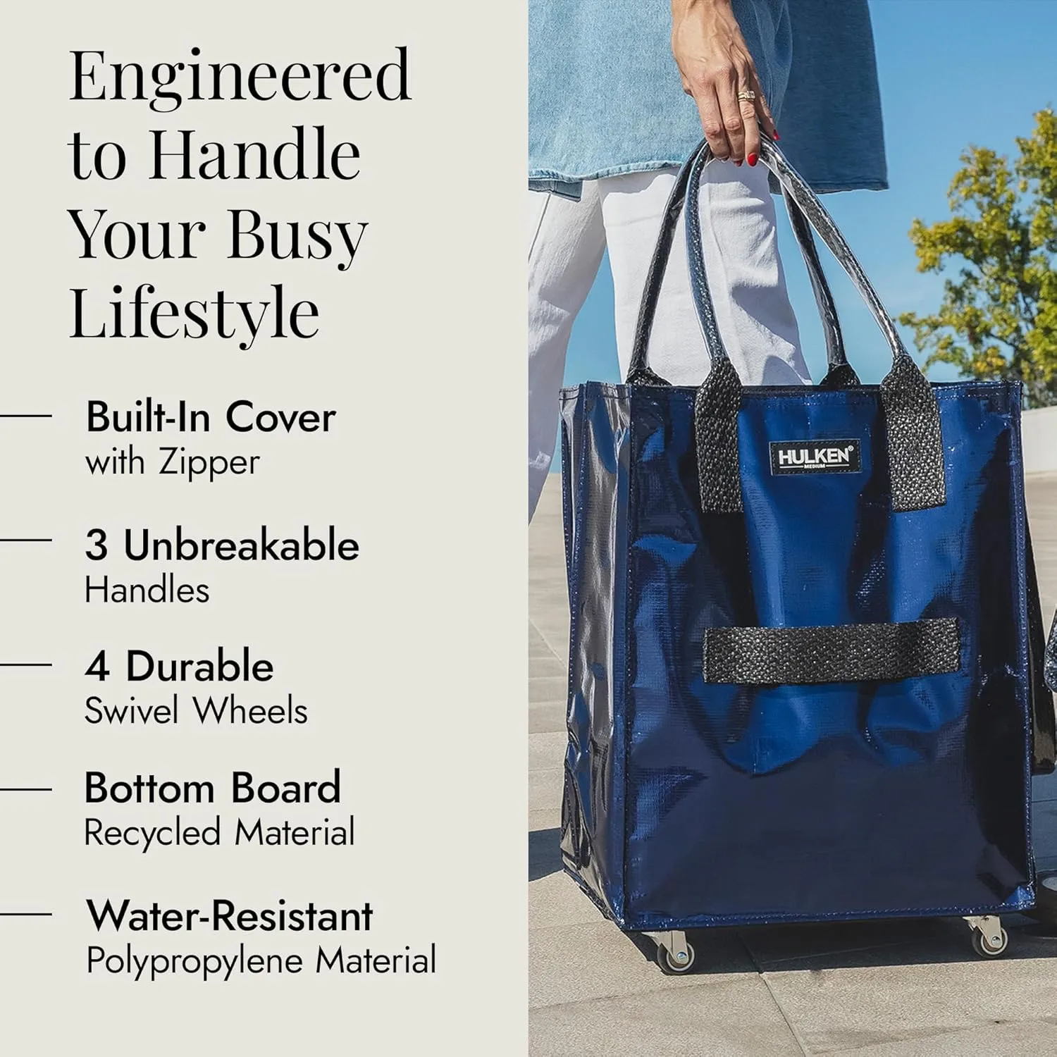 (Medium, Midnight Blue) Reusable Grocery Bag On Wheels, Shopping Trolley, Rolling Tote, Zipper Closure, Lightweight, Carries Up to 66 lb, Folds Flat, Unbreakable Handles