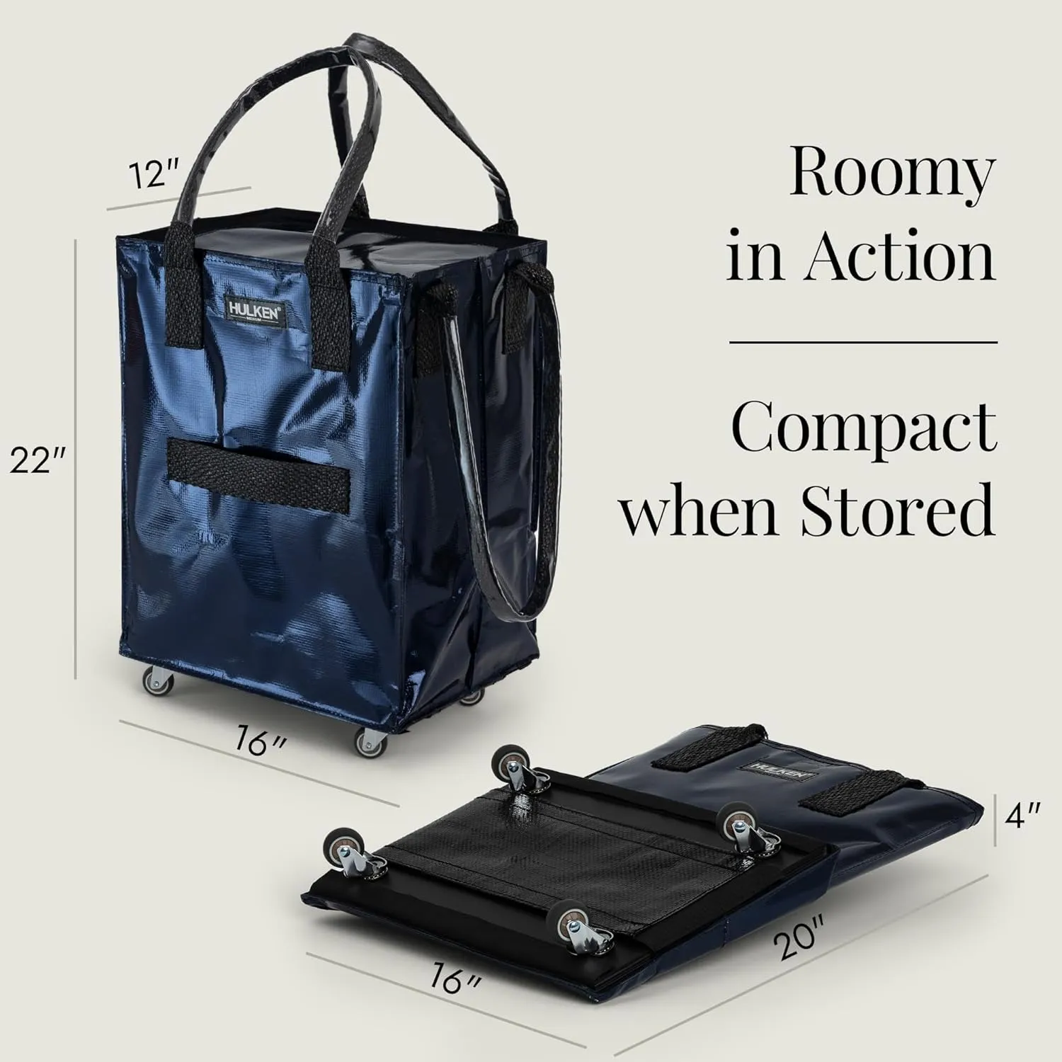 (Medium, Midnight Blue) Reusable Grocery Bag On Wheels, Shopping Trolley, Rolling Tote, Zipper Closure, Lightweight, Carries Up to 66 lb, Folds Flat, Unbreakable Handles