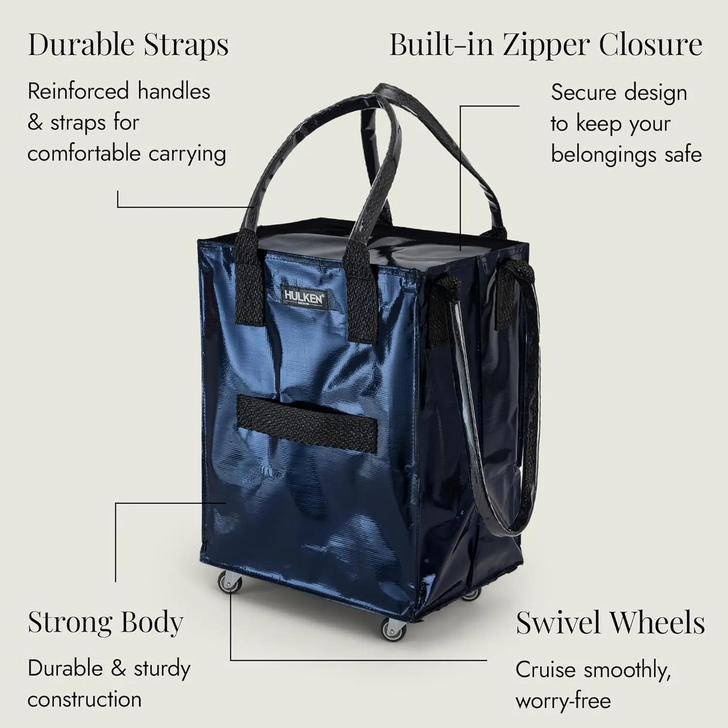(Medium, Midnight Blue) Reusable Grocery Bag On Wheels, Shopping Trolley, Rolling Tote, Zipper Closure, Lightweight, Carries Up to 66 lb, Folds Flat, Unbreakable Handles