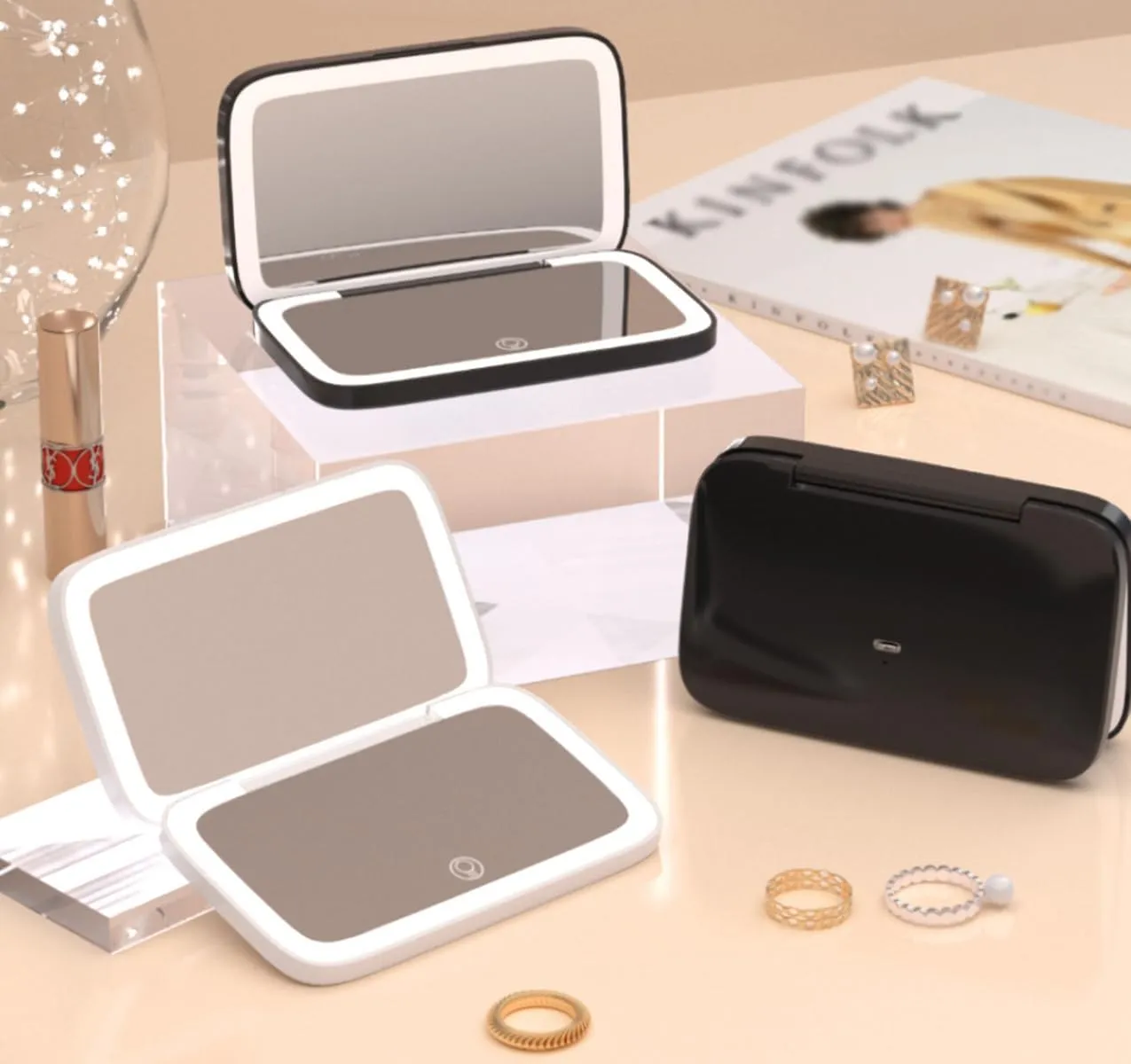 Meichoon Foldable Makeup Mirror 5X Magnifier Mini Square Vanity Mirror USB Charging Portable Hand Double-Sided Compact Pocket Cosmetic Mirror UK21 Black