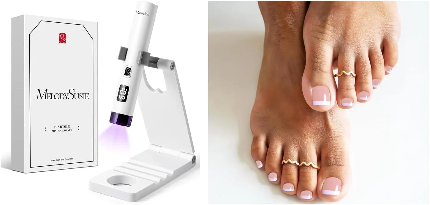MelodySusie Handheld UV Light for Gel Nails with Stand MelodySusie 32Pcs Semi Cured Gel Toe Nail Strips (White French Tips)