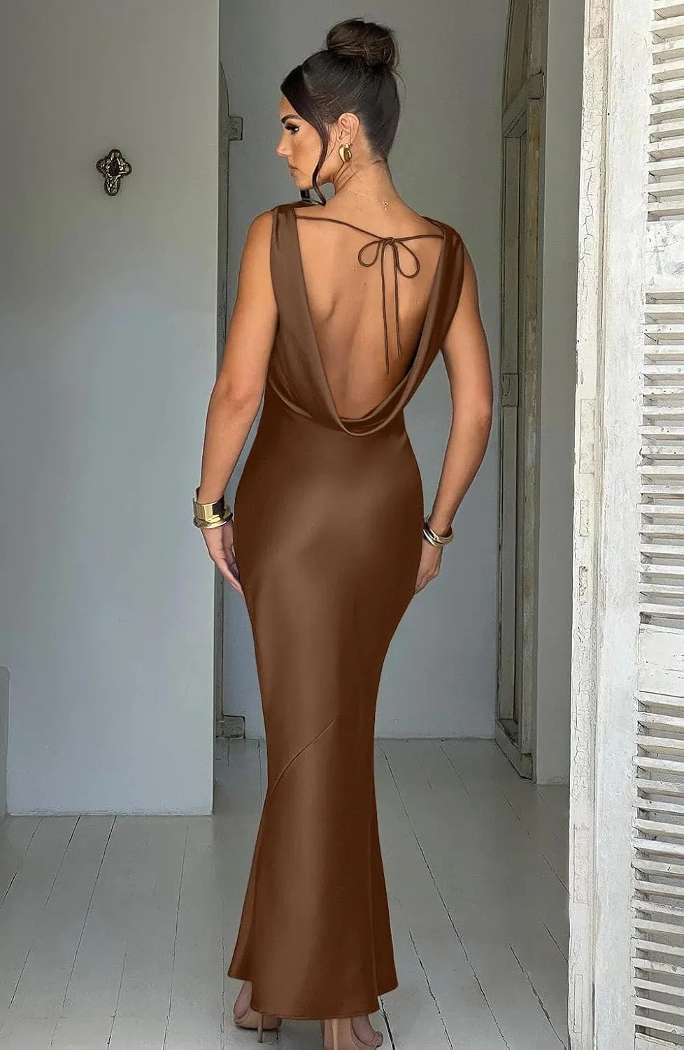 Memoriesea Women's Satin Elegant Sleeveless High Neck Tie Cocktail Party Maxi Dress