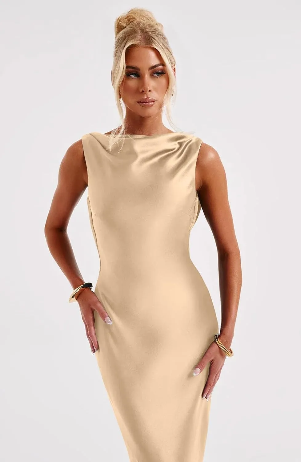 Memoriesea Women's Satin Elegant Sleeveless High Neck Tie Cocktail Party Maxi Dress