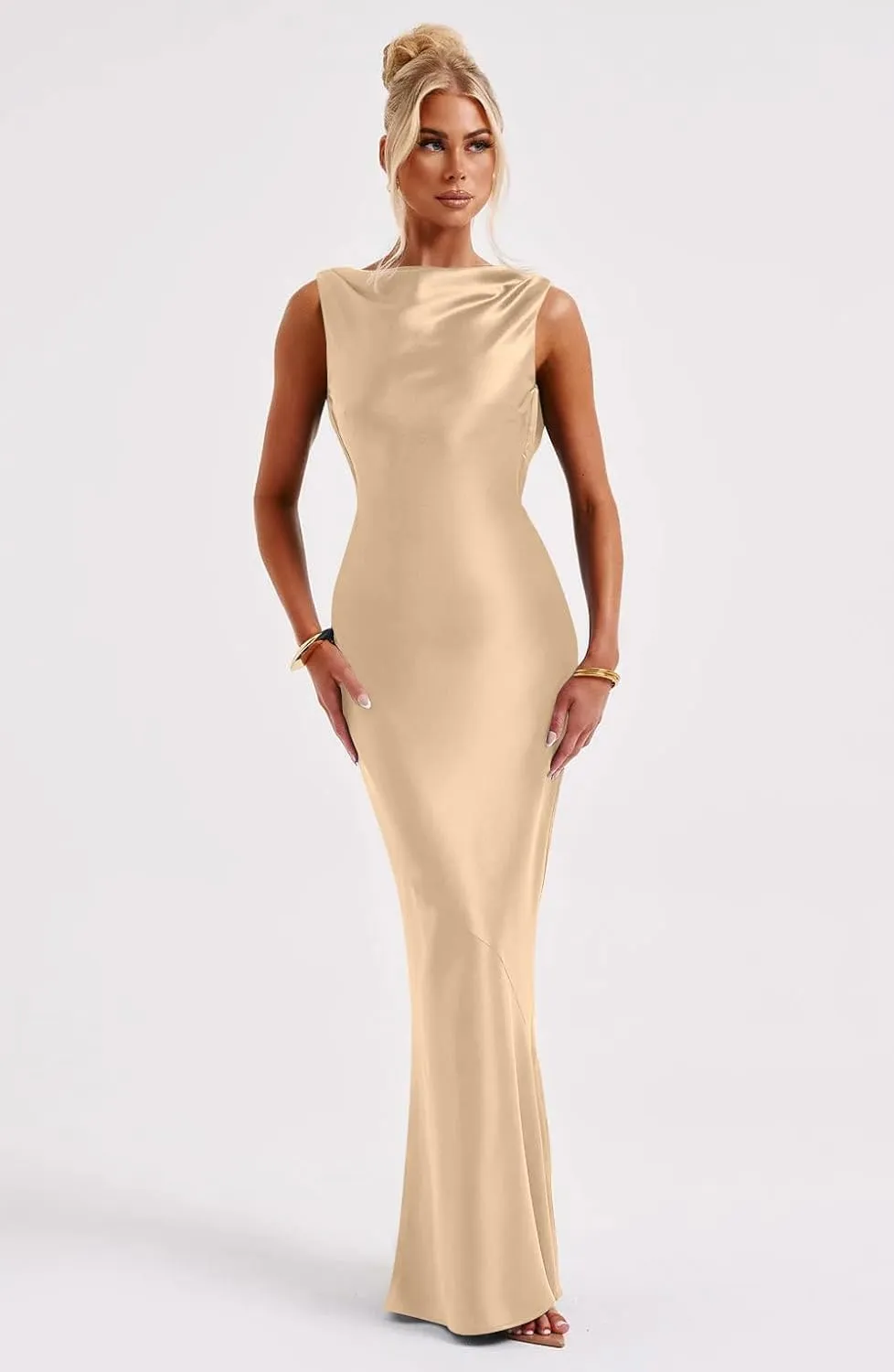 Memoriesea Women's Satin Elegant Sleeveless High Neck Tie Cocktail Party Maxi Dress