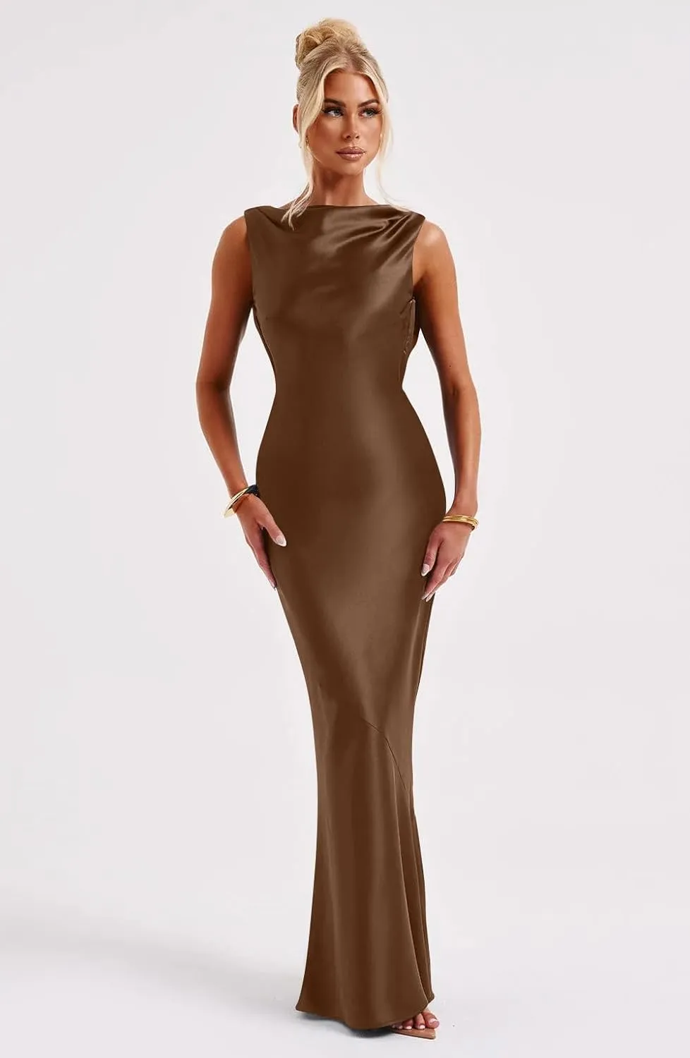 Memoriesea Women's Satin Elegant Sleeveless High Neck Tie Cocktail Party Maxi Dress