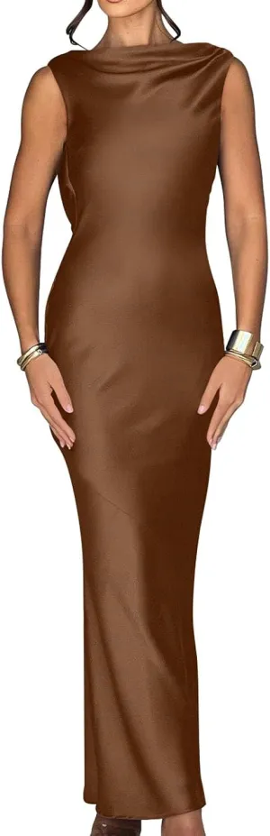Memoriesea Women's Satin Elegant Sleeveless High Neck Tie Cocktail Party Maxi Dress