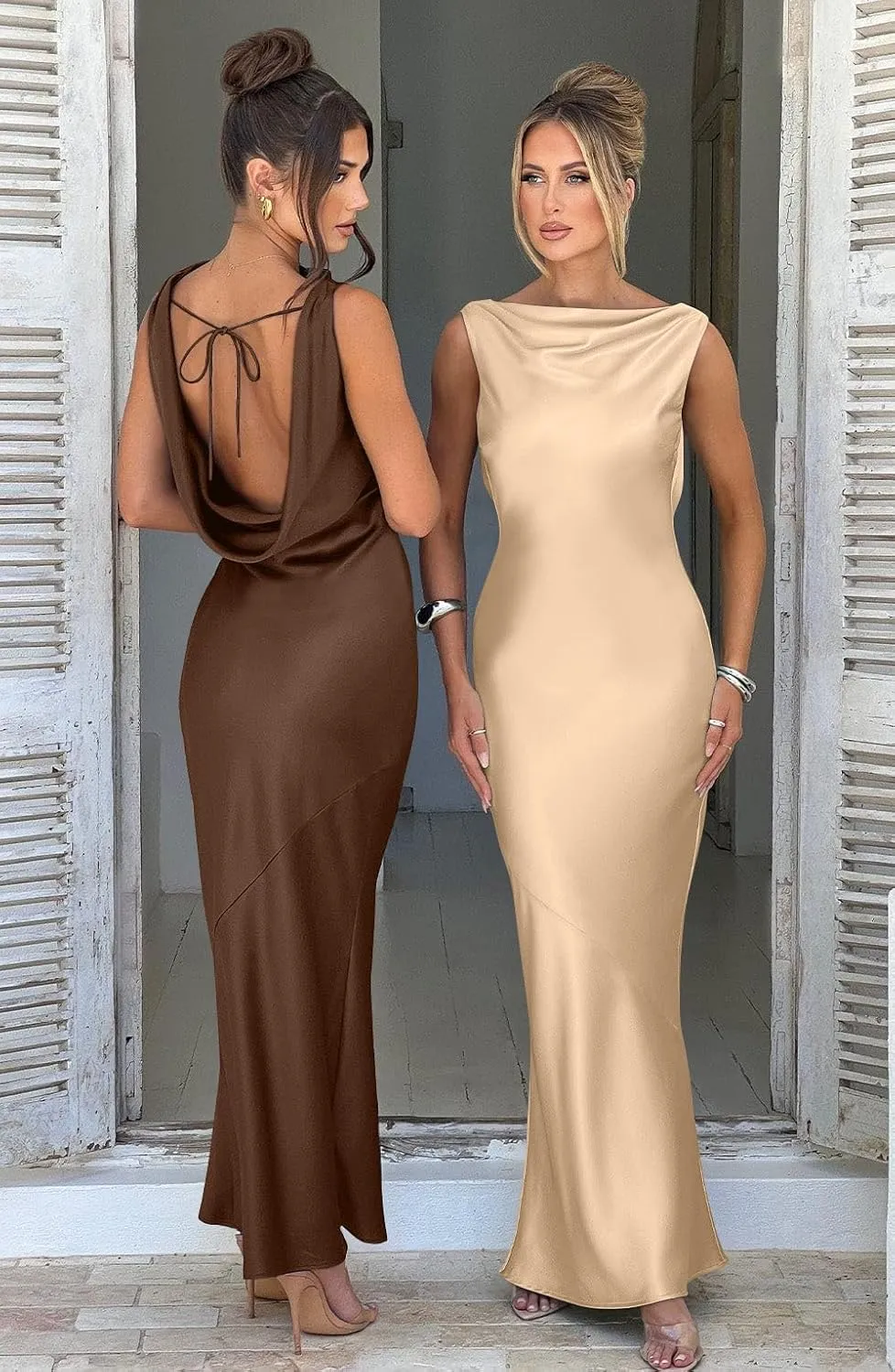 Memoriesea Women's Satin Elegant Sleeveless High Neck Tie Cocktail Party Maxi Dress