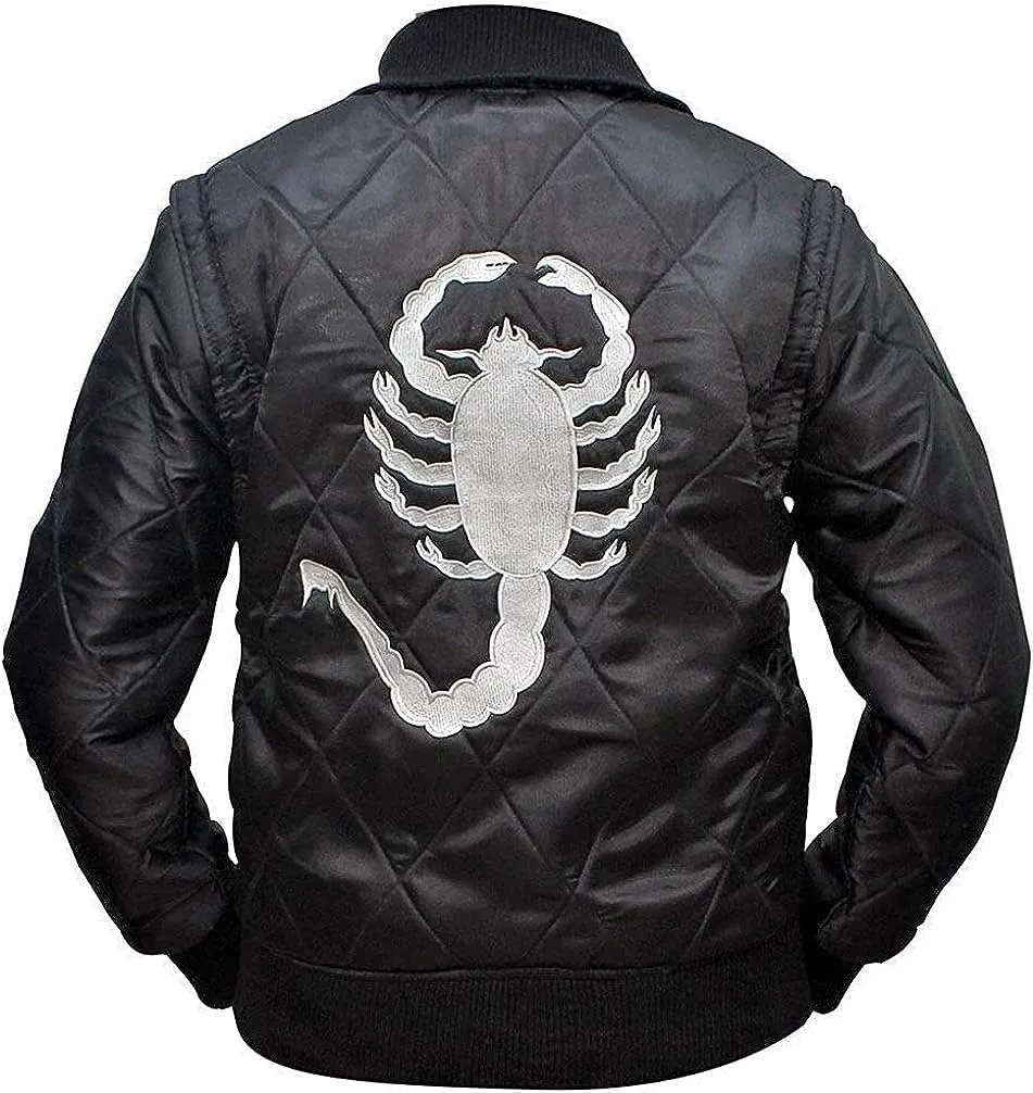 Men's Bomber Satin Fabric Quilted Golden Embroidery of Scorpio Jacket