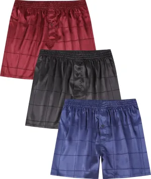 Men's Satin Boxers Pack Silky Boxer Shorts for Men, Silk Feeling Men's Underwear with Button Fly Pajamas Sleep Shorts