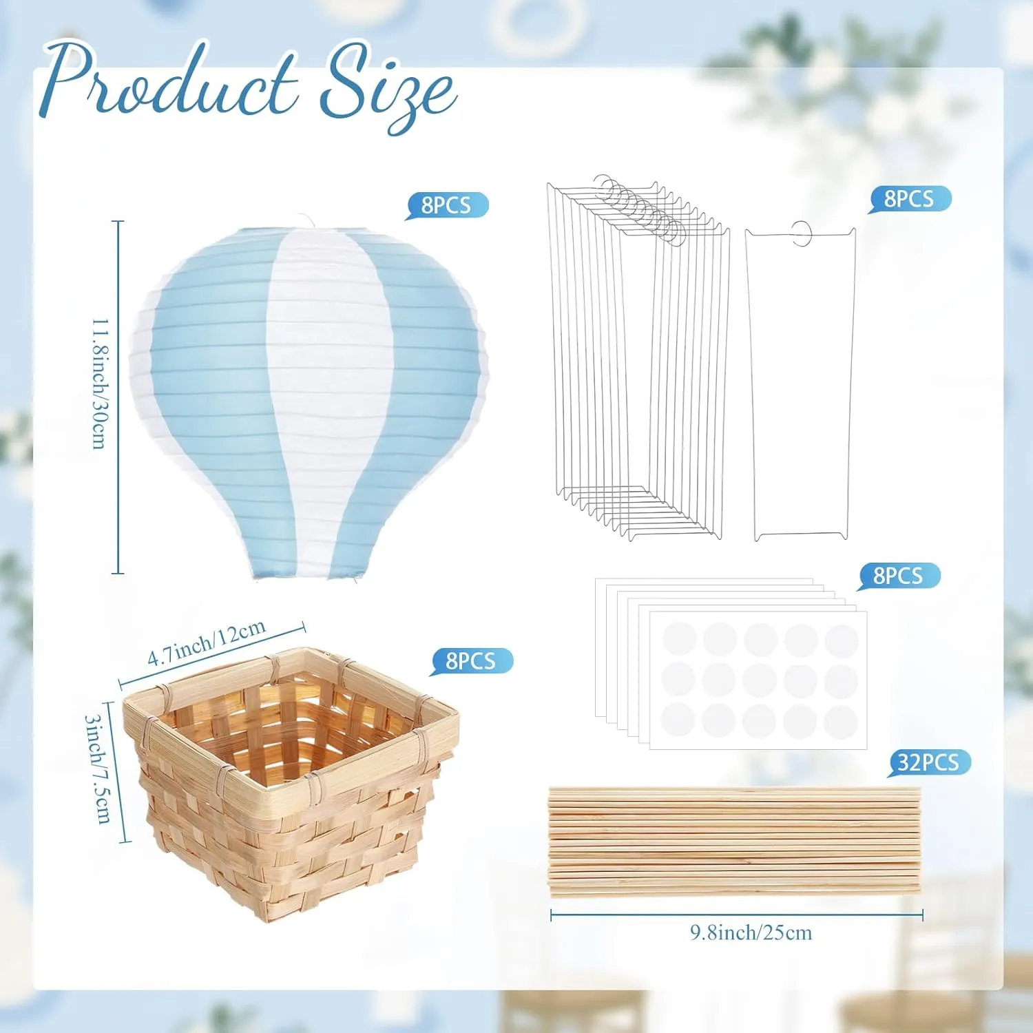 Meooeck 8 Sets Hot Air Balloon Table Centerpieces 11.8'' Paper Lanterns Woven Baskets with Sticks for DIY Hot Air Balloon Centerpiece Decor for Gender Reveal Birthday Baby Shower Wedding(Blue)