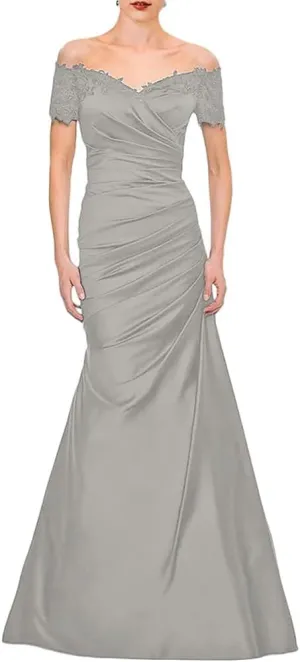 Mermaid Off Shoulder Womens Wedding Guest Dress lace Ruched Grandmother Dresses for Wedding