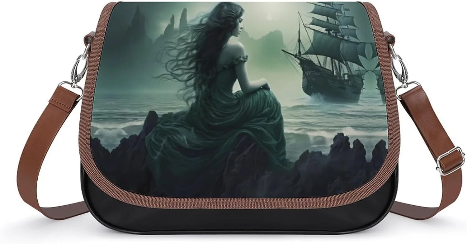 Mermaid Pirate Ship Crossbody Bag Anti-Theft Side Shoulder Bags Adjustable Leather Messenger Bag Unisex