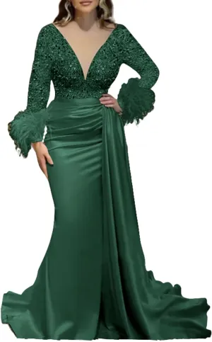 Mermaid/Trumpet Elegant Formal Wedding Party Gowns V Neck Long Sleeve Court Train Party Evening Dress Ruched 2024