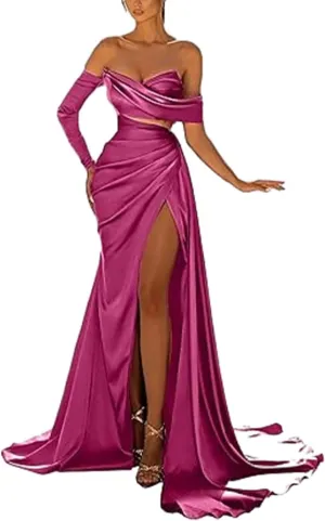 Mermaid/Trumpet Sexy Evening Prom Dress One Shoulder Court Train 3/4 Length Sleeve Formal Party Dress with Slit 2025