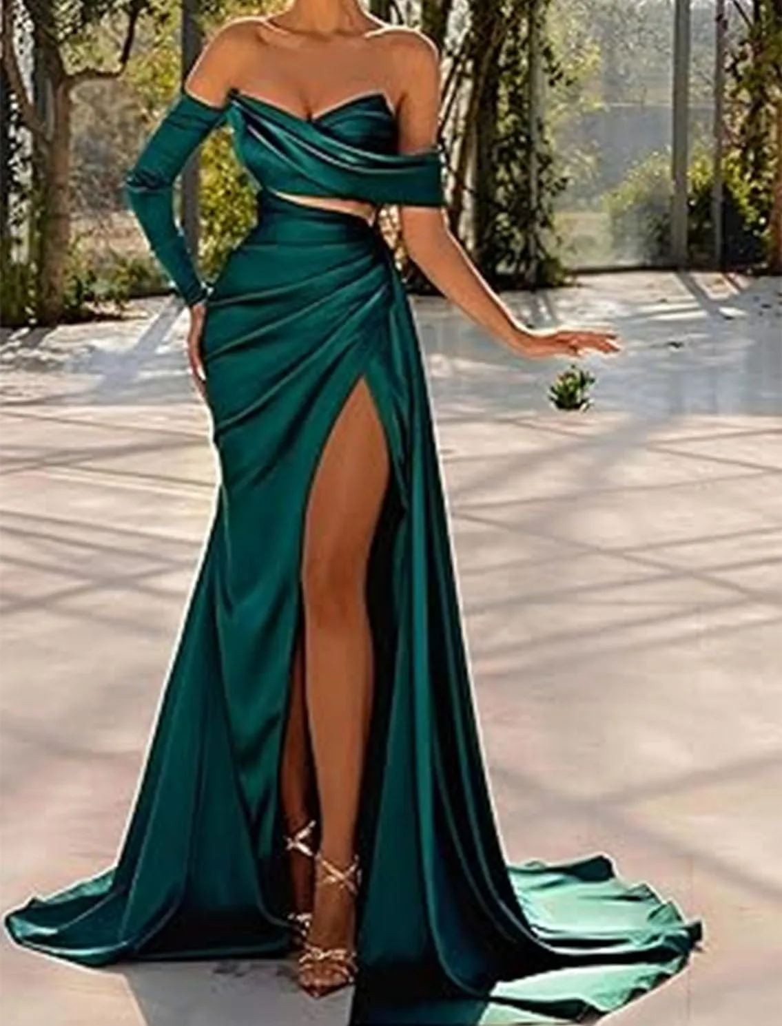 Mermaid/Trumpet Sexy Evening Prom Dress One Shoulder Court Train 3/4 Length Sleeve Formal Party Dress with Slit 2025