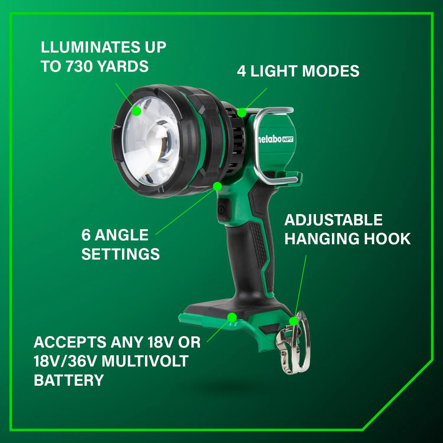 Metabo HPT 18V MultiVolt Cordless 1050 Lumen LED Handheld Spotlight, Water & Dust Resistant, 4 Light Modes, Long Lasting Battery Life, Lightweight and Portable, Tool Body Only, UB18DHQ4