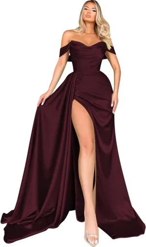 Miao Duo Women's Off Shoulder Mermaid Prom Dresses Long with Slit Pleates Wrap Satin Formal Evening Gowns MDPM104