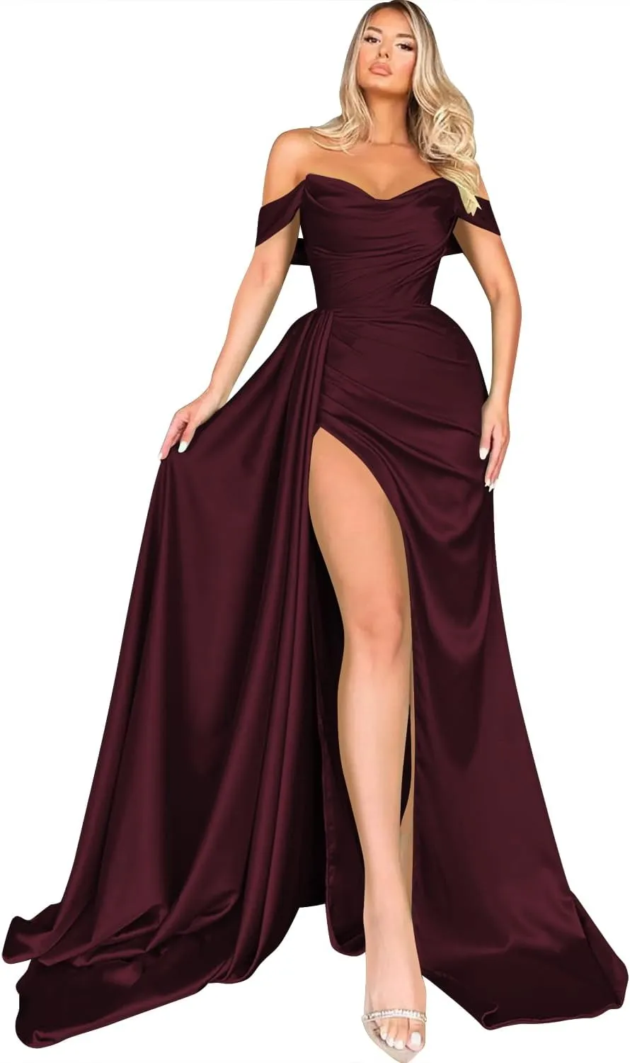 Miao Duo Women's Off Shoulder Mermaid Prom Dresses Long with Slit Pleates Wrap Satin Formal Evening Gowns MDPM104