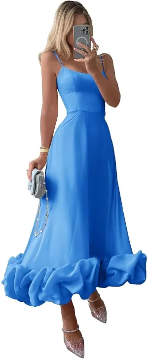 Midi Satin Prom Dresses for Women 2025 Tea Length Flounce Ruffle Formal Evening Party Gowns