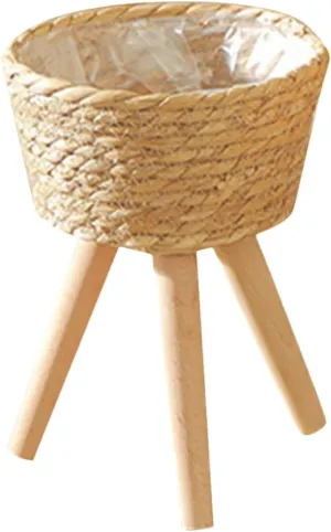 Milisten Woven Plant Basket with Wooden Stand Versatile Flower Holder for Indoor and Outdoor Use Durable Grass and Material Minimalist Design for Home Decor