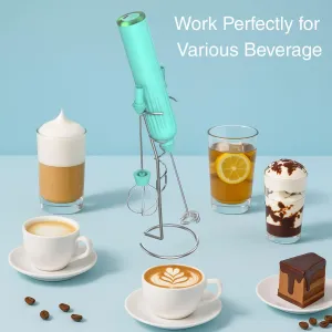 Milk Frother Handheld with 3 Stainless Steel Whisks, Rechargeable Electric Drink Mixer with Stand & Travel Case, Milk Foamer for Coffee, Latte, Cappuccino, Hot Chocolate, Egg,Jam Supplement-Mint