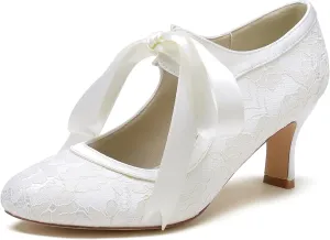 Minishion Ladies Dressy Shoes for Wedding Mary Jane Round Toe Evening Formal Pumps with Ribbon BR111