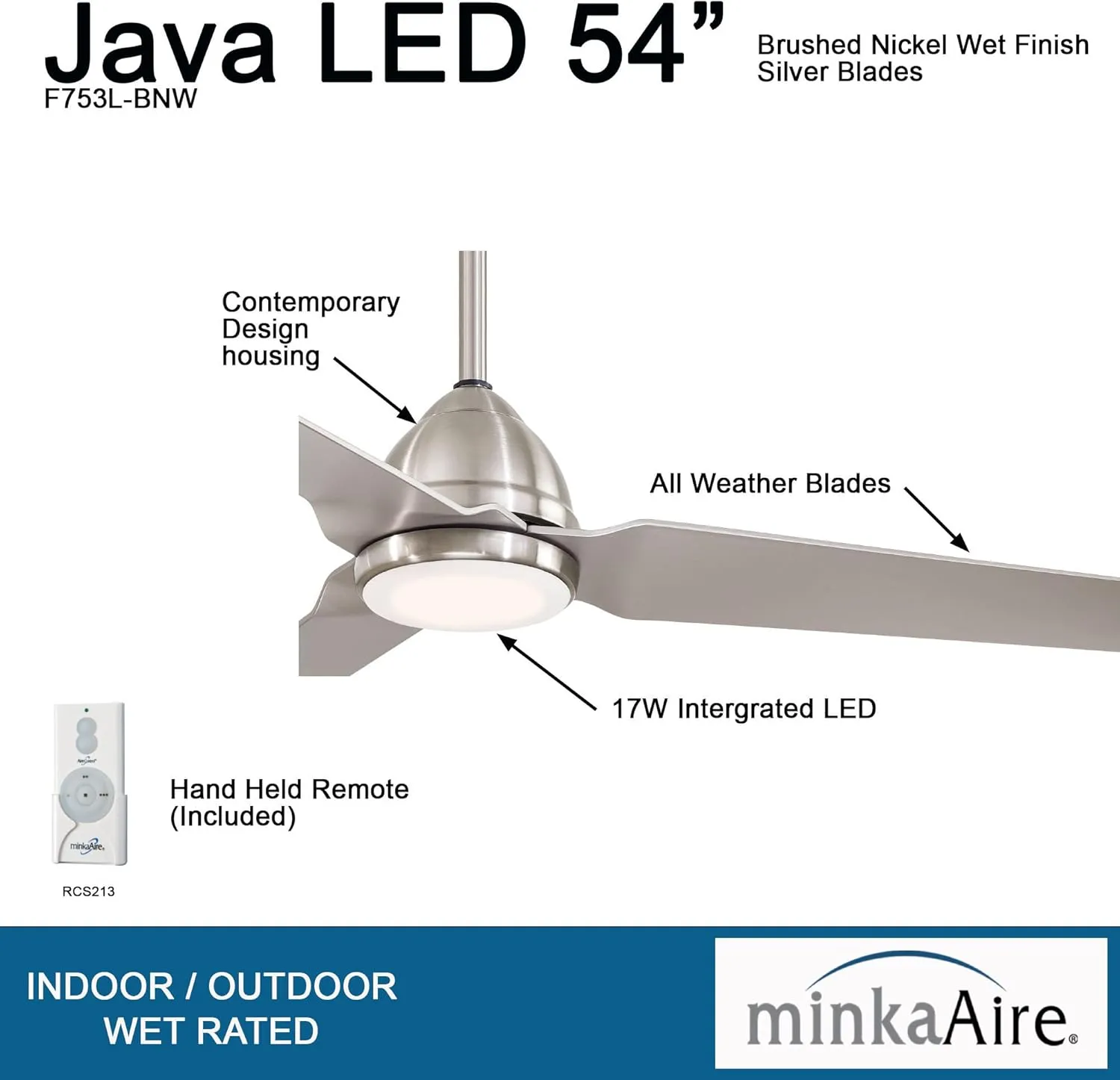 Minka Aire F753L-BNW 54in Java Led Outdoor Ceiling Fan